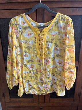 Spense Yellow Floral Lace-Up Peasant Blouse
